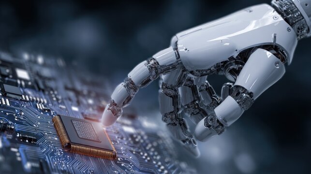 Robotic hand interacting with circuit board technology concept illustration