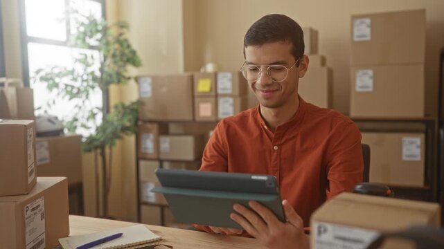 Man holding tablet with both hands and squinting at screen amid stacked shipping boxes in a small business building; productivity entrepreneurship inventory.