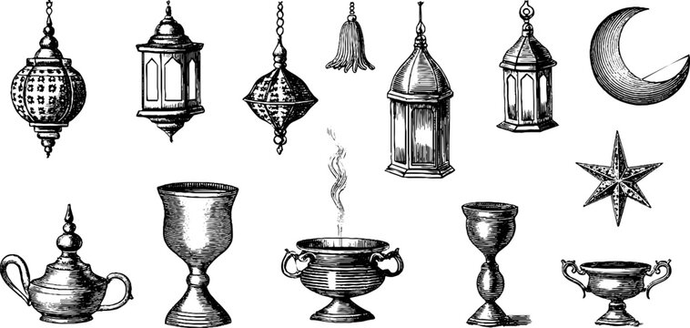 Vintage engraved moroccan lanterns and ceremonial vessels clipart sheet with crescent and star for ramadan background and ornamental design