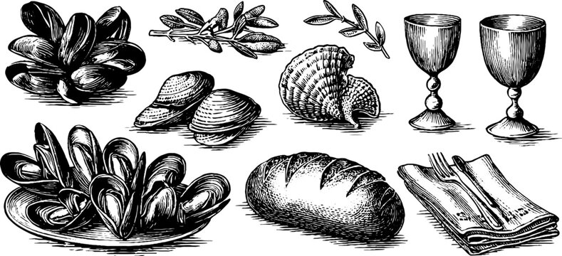Vintage engraved mussels and bread with shells goblets and herbs sheet for packaging menu and background design