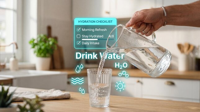 Person pouring water from glass pitcher into drinking glass on kitchen counter with hydration checklist