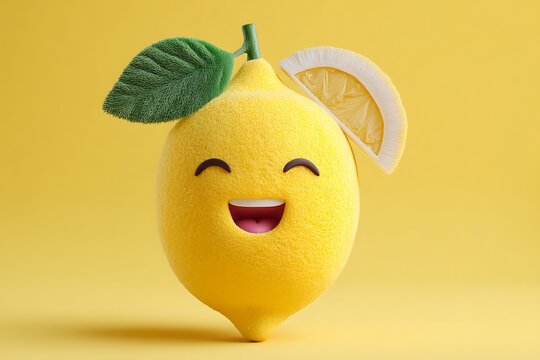 A happy, cartoonish lemon with a cheerful yellow background, perfect for a fun food-related theme.