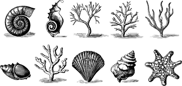 Vintage engraved nautilus shells coral and starfish sheet with scallop conch and seaweed for retro background and design elements