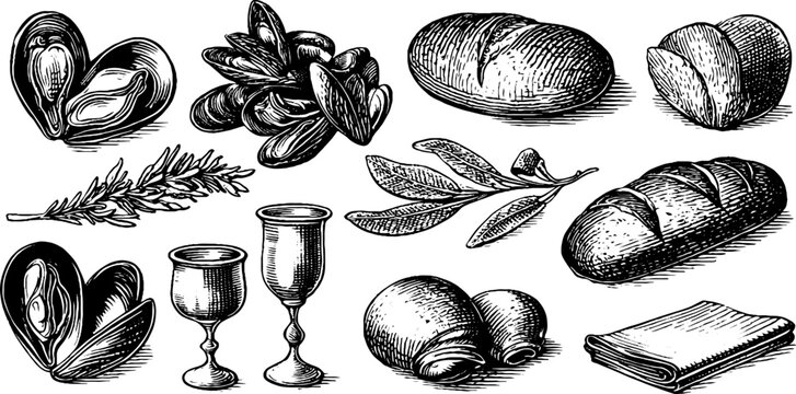 Vintage engraved mussels and assorted bread loaves with goblets and herbs sheet for menu packaging and background design