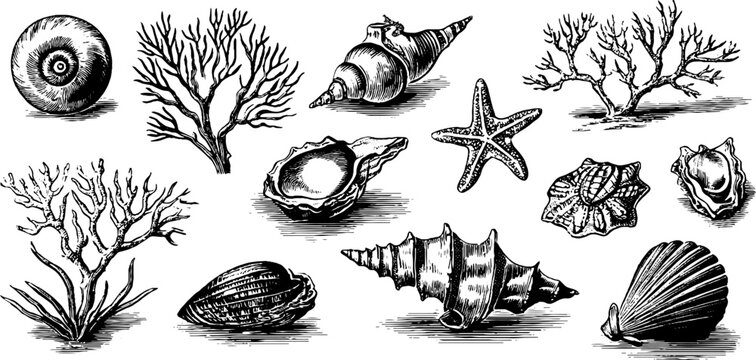 Vintage engraved nautilus shells and pearl clipart sheet with seashells and coral for decorative design background and poster