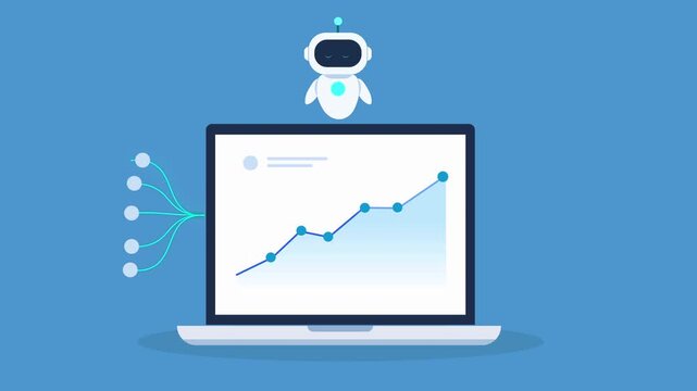 Clean animated video of an AI robot hovering above a laptop with a rising data chart and star icon, representing high performance, top quality results, analytics, and digital business success.