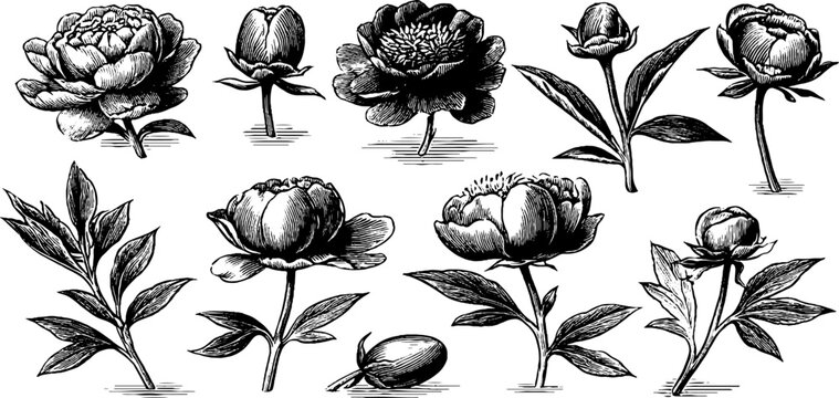 Vintage engraved peony elements clipart sheet with multiple buds and open blooms for floral design background poster and surface pattern