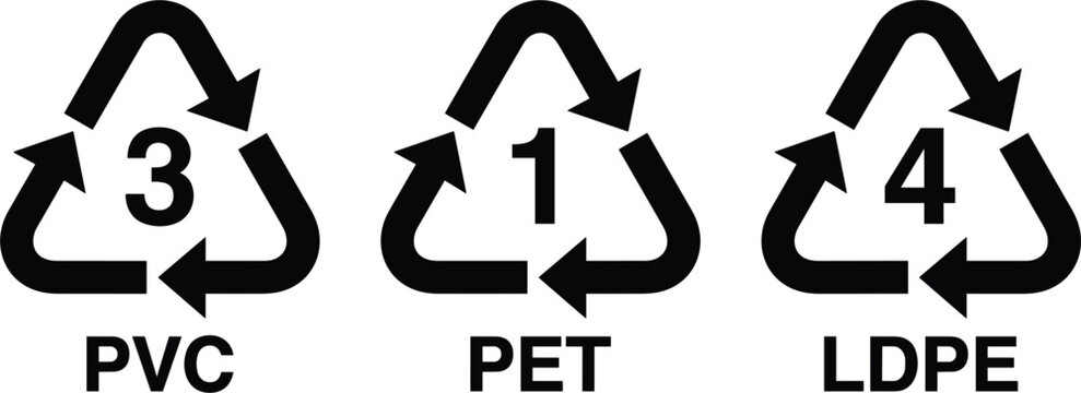 Plastic Recycling Resin Identification Code Symbols for PVC PET and LDPE Materials with Triangular Arrows for Environmental Packaging Labels and Waste Management Signs