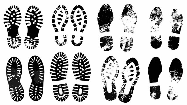 Black silhouette footprints collection on white background