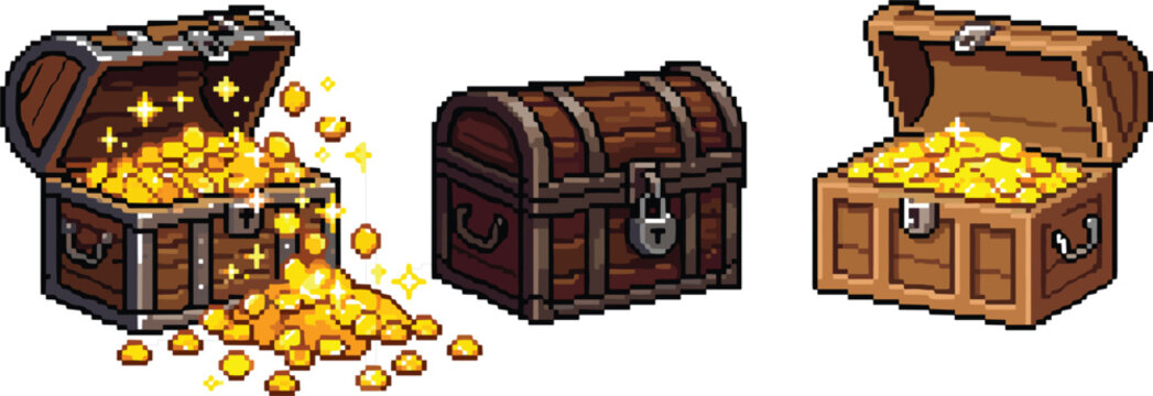 Pixel Art Vector Illustration Set of Wooden Treasure Chests Including Closed Locked Box and Open Chests Overflowing with Shiny Gold Coins for Games