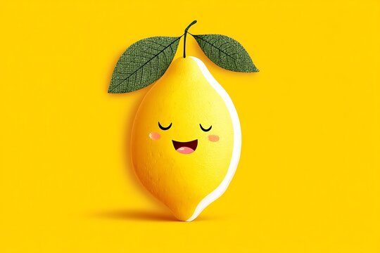 A happy, cartoonish lemon with a cheerful yellow background, perfect for a fun food-related theme.