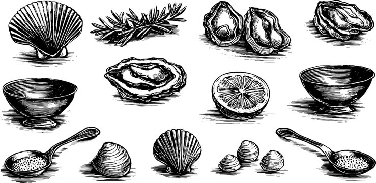 Vintage engraved oyster shells and lemon wedge clipart sheet with bowls spoons and coastal elements for menu background and label design