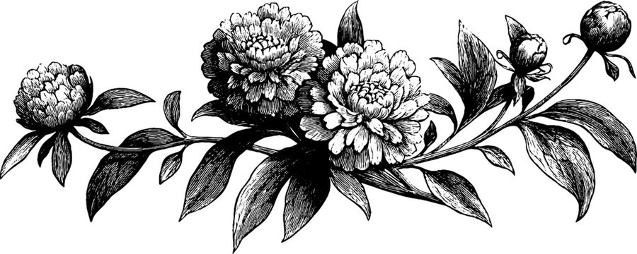 Vintage engraved peony garland with clustered blooms and foliage for floral banner, border and elegant stationery design