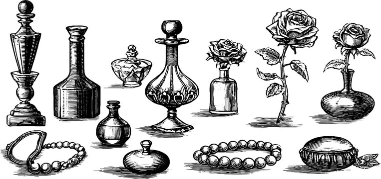 Vintage engraved perfume bottles vanity elements for cosmetic label and packaging design with roses pearls and decorative accessories for branding