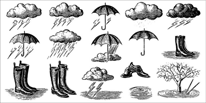 Vintage engraved rain clouds umbrellas boots shoes and tree vignettes sheet for weather themed background and design elements