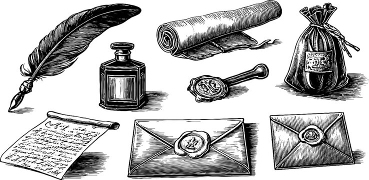 Vintage engraved quill and ink bottle clipart sheet with sealed letters and scrolls for retro stationery background and poster design
