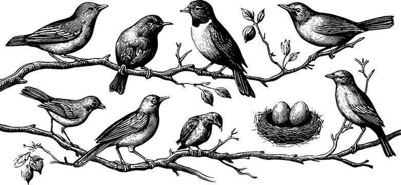 Vintage engraved bird clipart sheet of robins and sparrows for design background and decorative stationery elements