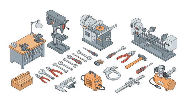 A comprehensive collection of workshop tools including a workbench, drill press, lathe, and various hand tools arranged on a white background.