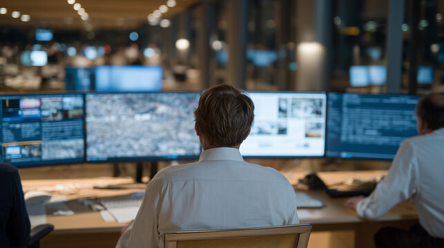 Open-plan newsroom at breaking-news hour, journalists reviewing AI-generated climate report visualizations on curved monitors, large language model content verification workflow, media industry, edi