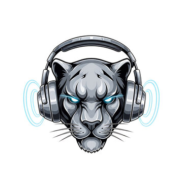 gray panther head with headphones and blue eyes