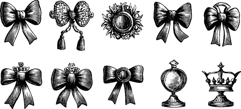 Vintage rococo bow and floral swag engraved clipart sheet of decorative ribbons and crowns for design background and embellishment