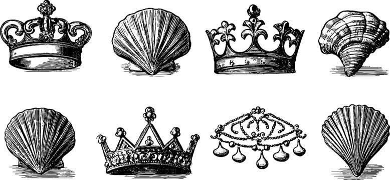 Vintage engraved rococo shells crowns and mirror ornaments for label and jewelry background design