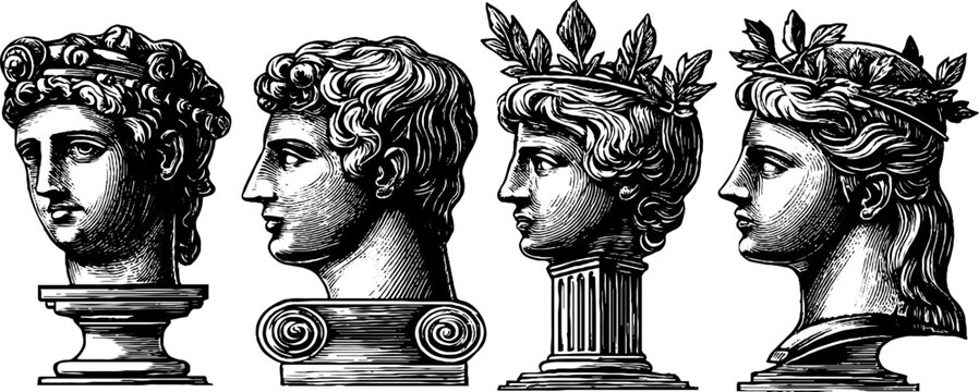 Vintage engraved roman busts and medallions clipart sheet with classical marble heads for poster and banner design elements