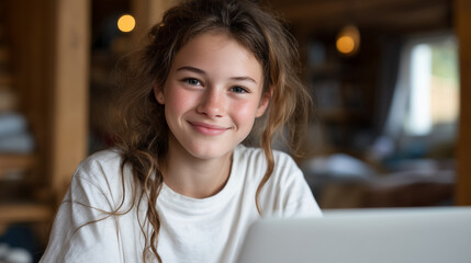Obraz premium High school girl in logistics career day t-shirt operating simulated warehouse management software on school laptop, supply chain career pathway, youth workforce development, vocational technology e