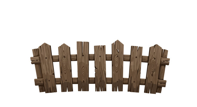 A short and rustic wooden fence segment with uneven weathered planks and a natural brown finish sits isolated on a crisp white studio background.