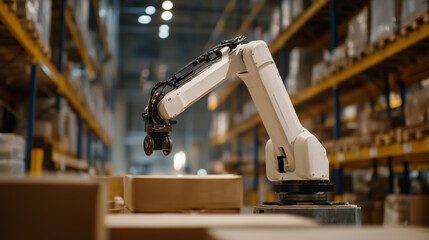 Fototapeta premium Compact warehouse robot arm navigating shelving units autonomously at 3am, motion-blurred shelves in background, no human workers present, autonomous AI agent workflow in action, logistics automatio