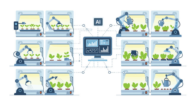 An AI-driven vertical farming system with robotic arms watering plants, monitored by a central computer screen, represents modern agriculture.
