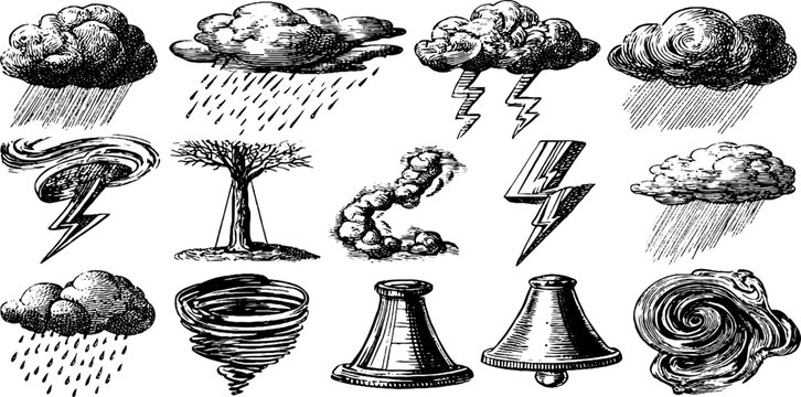 Vintage engraved storm cloud and thunder clipart sheet with lightning, tornado and weather elements for vintage poster and design background