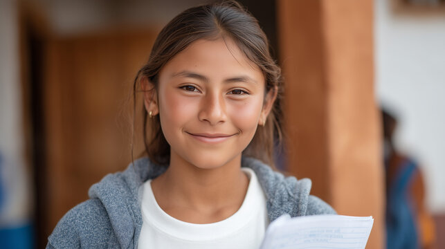 Guatemalan refugee teenager in school integration orientation with district welcome coordinator, translated schedule in hand, nervous smile, public school enrollment process, newcomer support progra