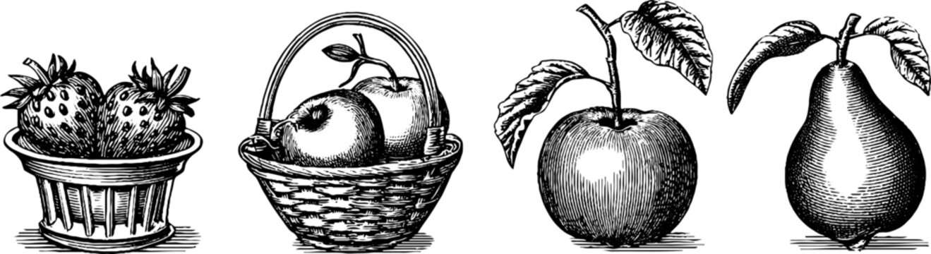 Vintage engraved strawberry basket apple and pear clipart trio with detailed shading for packaging label and decorative design
