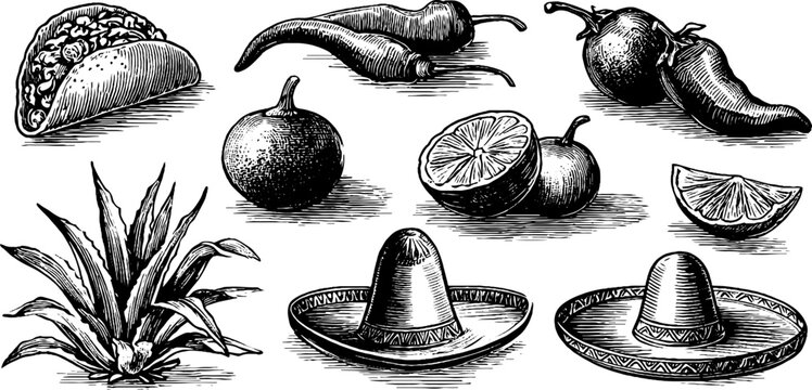 Vintage engraved tacos chili peppers limes and sombreros sheet for menu background and culinary packaging design