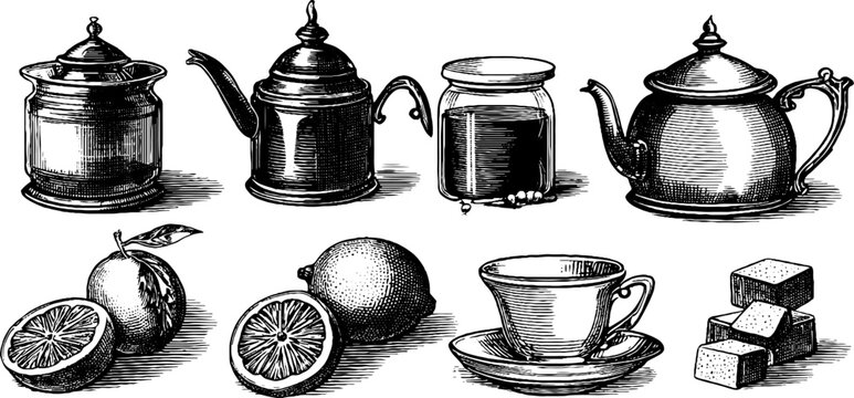 Vintage engraved clipart sheet of tea kettles honey jar lemon cup and sugar cubes for label and packaging design