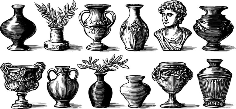 Vintage engraved collection of vases urns and classical busts sheet with ornamental pottery silhouettes for decorative design, packaging and antique background