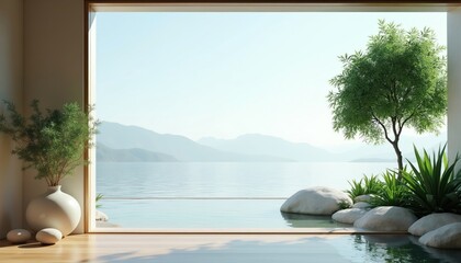 Plakat Interior room with large window view of calm sea water and misty mountains. Minimalist decor with potted plants and stones. Peaceful natural scene.