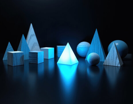 Geometric solids including cubes pyramids and spheres arranged on reflective surface. Blue and white light illuminate shapes against dark backdrop. Educational still life composition.