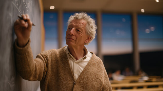 Orbital mechanics professor drawing Hohmann transfer trajectory on chalkboard, chalk dust mid-air, university lecture hall empty except one late student, twilight blue hour light through tall window