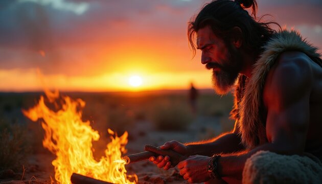 Caveman ignites fire at sunset. Primal man prepares campfire for warmth and light. Ancient human survival skill during dusk. Primitive life, wilderness quest.