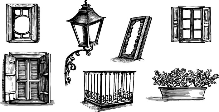 Vintage engraved sheet of window frames and shutters with balcony railing lantern and planter for design background and decorative pattern elements