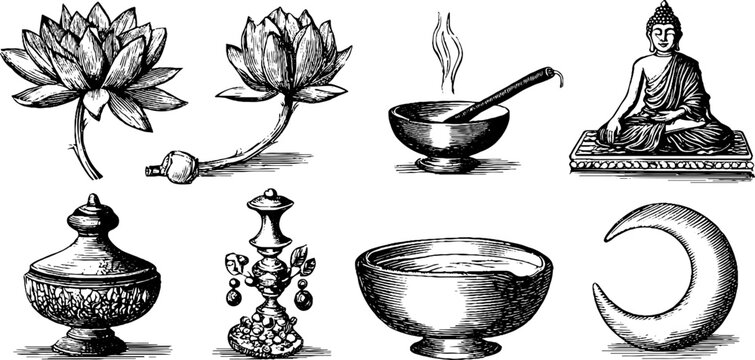 Vintage engraved lotuses incense bowl and buddha icons sheet for yoga spa background and wellness design elements