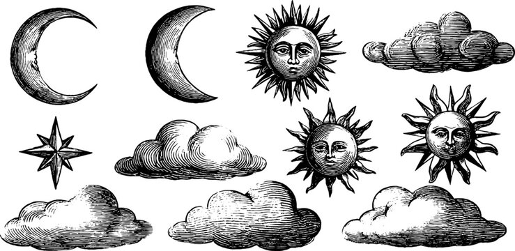 Vintage engraved celestial clipart sheet with crescent moons suns stars and clouds for design background poster and banner use
