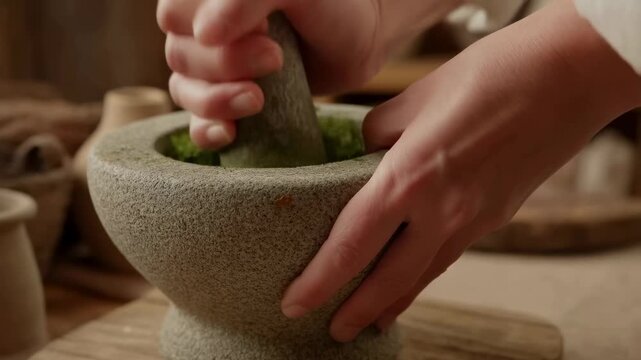 Hands grinding herbs in a stone mortar and pestle. Traditional method for preparing natural ingredients for cooking or herbal remedies