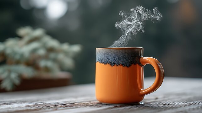 A steaming orange mug placed on a wooden table, its warmth contrasting with a blurred natural background, evoking a sense of coziness