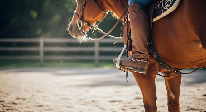 Close up of a rider's leg in riding boots and stirrup on a horse.