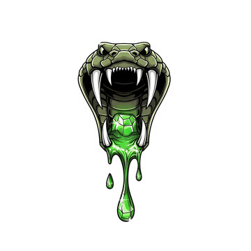 Green snake head with open mouth and dripping green liquid