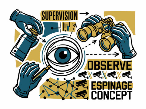 Art sketch collage of headless human hands hold binoculars zoom eyeball stare espionage concept stalker supervision art.