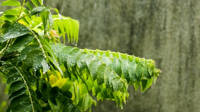 Lush green leaves with raindrops during rain, moody tropical foliage in rainy day with soft breeze.